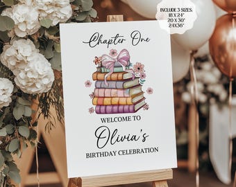 StoryBook Birthday Welcome Sign, First Birthday, Chapter One Coquette Book Birthday Sign Template Digital Download