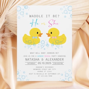 Rubber Duck Gender Reveal Invitation, Waddle it Be He or She Invite, Duck Baby Shower Invitation, Boy or Girl Gender Reveal Invite Template