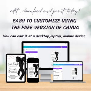 May include: Image showing a birthday party invitation design on a tablet, phone, laptop, and desktop computer. The invitation features a black bow and the text "Let's Party!" and "Samantha's 30th Birthday". The text "edit, download and print today!" is also visible.