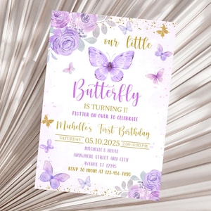 Butterfly Birthday Invitation 1st Birthday Purple Gold Butterfly Invitation A little Butterfly Girl First Birthday Invitation Template