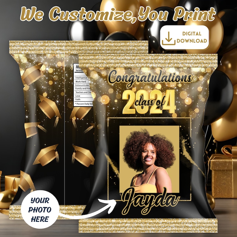 Graduation Chip Bag Template for Graduand Black and Gold Graduation ...