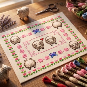 May include: A rectangular cross-stitch embroidery piece on white fabric featuring a border of pink and green flowers, blue butterflies, and several sheep figures. In the center, two sheep are positioned next to a small red heart icon.