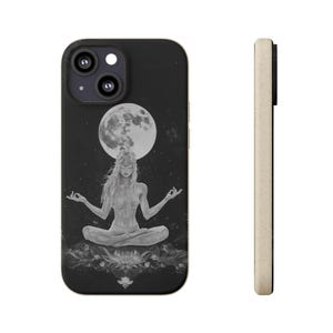Biodegradable Meditation Moonlight Phone Case Eco-Friendly Spiritual Woman Case Unique Gift Idea Supports Wireless Charging iPhone Samsung