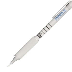 May include: A white mechanical pencil with a black eraser and a blue label that reads "PROMECHANICA 0.7  DR. GR. TOKYO JAPAN".