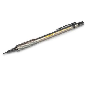 Könnte beinhalten: Ein silberner Bleistift mit schwarzem Clip und gelber Aufschrift "Pentel 0,5 mm HB 1005-2", eine beliebte Wahl für Künstler und Studenten.