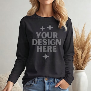 Black Gildan 2400 Mockup G2400 Women Model Mock-up G 2400 Black Long Sleeve Mock up Aesthetic Boho Mocks Black Longsleeve Tee Mockups
