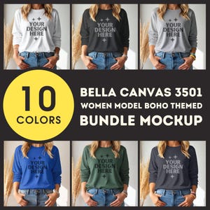 Bella Canvas 3501 Bundle Mockup BC 3501 Long Sleeve T-shirt Mock-up Bundle BC3501 Longsleeve POD Boho Themed Set Mock up