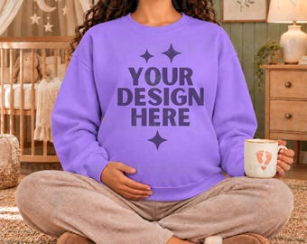 Violet Comfort Colors 1566 Pregnancy Themed Mockup Maternity Sweatshirt Mock-up CC1566 New Mom Mock CC 1566 Maternal POD Mock up