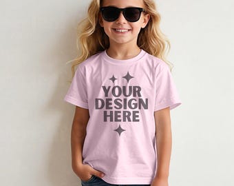Gildan 64000B Light Pink Mockup G64000B Kid's Shirt Mock-up Kids Softstyle Tee Mock up Display G 64000B Children Unisex Tshirt Mockup