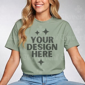 Sage Gildan 64000 Shirt Mockup G64000 Sage Green T-Shirt Mock-up G640 Women Aesthetic Sage Color Model Tee Simple Casual Mock up
