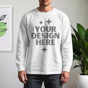 White Gildan 2400 Mockup G2400 Men Model Mock-up G 2400 White Long Sleeve Male Mock up Aesthetic Boho Man Longsleeve Tee Mockups
