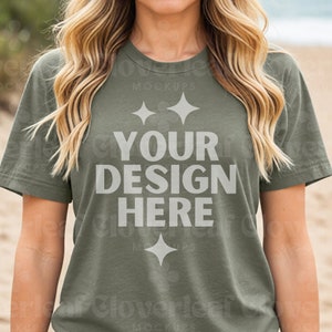 Heather Military Green Bella Canvas 3001 Shirt Mockup Military Green Tshirt Mock up Military Summer T-shirt BC3001 Model Tee Beach Mock-up