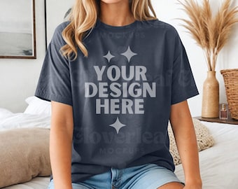 Denim Comfort Colors C1717 Shirt Mockup Comfort Color Denim T-Shirt Mock-up Women Model Mock C1717 Oversized CC1717 Boho Tee POD Mock up
