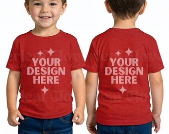 Heather Red Bella Canvas 3001T Mockup Toddler Shirt Mock-up BC3001T Red T-shirt Mock up Kids Front and Back Tshirt Mock Child Model Mocks
