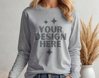 Gildan 2400 Sport Grey Mockup G2400 Women Model Mock-up G 2400 Sport Grey Long Sleeve Mock up Aesthetic Boho Mocks Longsleeve Tee Mockups