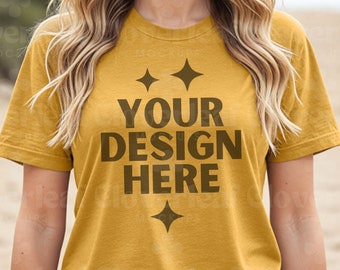 Heather Mustard Shirt Mockup Bella Canvas 3001 Heather Mustard Tshirt Mock up BC3001 Mustard T-shirt Summer Model Tee Mock-up Beach Mocks