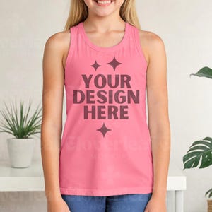 Bella Canvas 3480Y Neon Pink Mockup Kids Jersey Tank Top Mockup Kids T-shirt Mock-up Neon Pink Kids Tank Top Mock up BC 3480Y Tanktop Mock