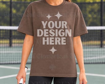 Espresso Comfort Colors 1717 Sport Themed Mockup CC 1717 Tennis Player Model Mock-up C1717 Outdoor Sporty Print On Demand Mock up