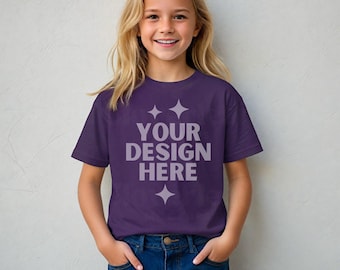 Purple Gildan 64000B Mockup G64000B Kid's Shirt Mock-up Kids Softstyle Tee Mock up Girl Model G 64000B Children Unisex Tshirt POD Mock