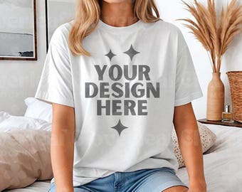 White Comfort Colors C1717 Shirt Mockup Comfort Color White T-Shirt Mock-up Model Mock C1717 Oversized CC1717 Boho Tee POD Mock up