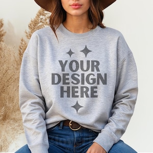 Heather Grey Lane Seven LS14004 Mockup LS 14004 Heather Grey Mock-up Unisex Crewneck Sweatshirt Boho Aesthetic Model POD Mock