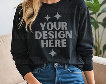 Black Bella Canvas 3501 Long Sleeve Tee Mockup BC 3501 Black Long sSleeve T-shirt Mock-up 3501 Black Longsleeve POD Aesthetic Boho Mock up