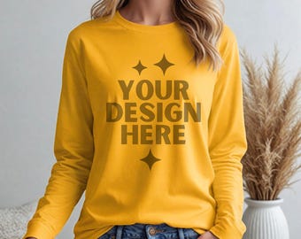 Gildan 2400 Gold Mockup G2400 Women Model Mock-up G 2400 Gold Long Sleeve Mock up Aesthetic Boho Mocks Gold Longsleeve Tee Mockups