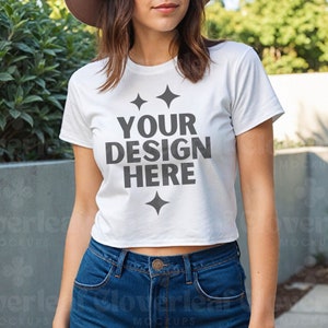 White Next Level 5080 Mockup Cropped Shirt Mock-up White 5080 Next Level Mock up Next level Crop Top Baby Tee Lifestyle POD Mockup