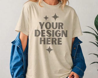Sand Gildan 5000 Shirt Mockup Sand Heavy Cotton Tee Model Mock-up G500 Sand T-Shirt G5000 Tshirt Aesthetic Boho Mock up
