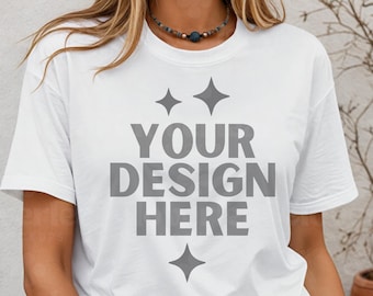 ホワイトベラキャンバスシャツモックアップベラホワイトTシャツモックアップTシャツホワイトBC 3001女性モデルモックアップトレンディ美的ボヘミアンディスプレイPODモックアップ