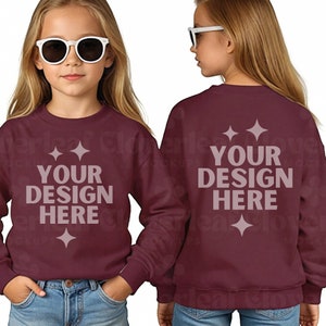 Maroon Gildan 18000B Kids Front and Back Sweatshirt Mockup Youth Model Mock-up Print on Demand Mockups Youth Crewneck Sweater POD Mock up