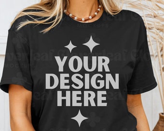 Black Bella Canvas Shirt Mockup Bella Black Tshirt Mock up T-shirt BC 3001 Black Real Model Mock-up Trendy Aesthetic Boho Display POD Mocks