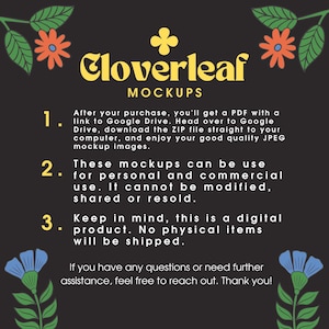 Może przedstawiać: Czarny grafika z ż&oacute;łtym tekstem "Cloverleaf MOCKUPS". Obraz zawiera instrukcje dotyczące pobierania cyfrowych makiet z pomarańczowymi i niebieskimi akcentami kwiatowymi i liściastymi.
