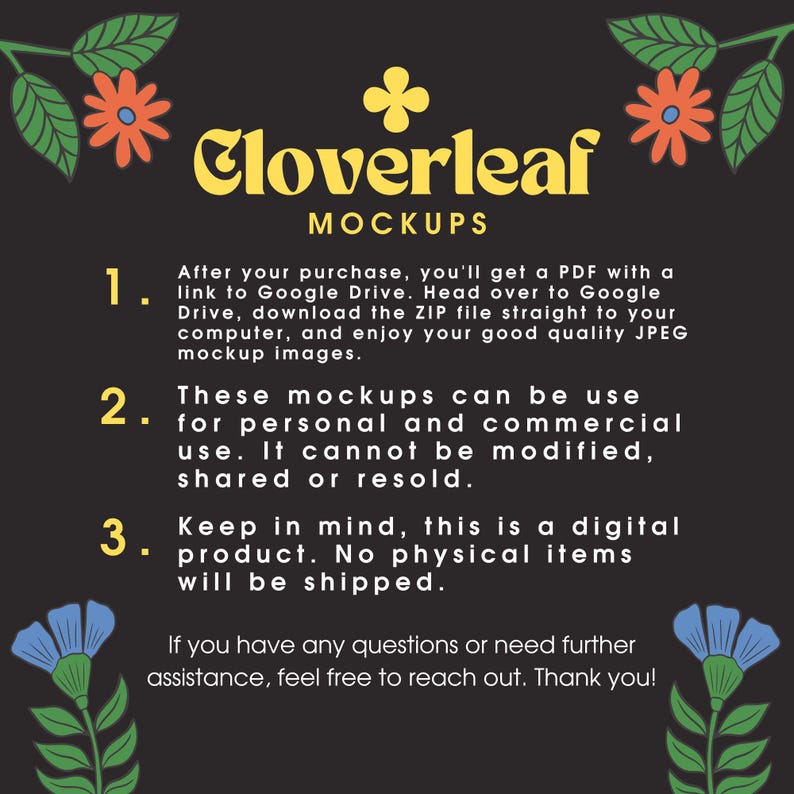 Może przedstawiać: Czarny grafika z ż&oacute;łtym tekstem "Cloverleaf MOCKUPS". Obraz zawiera instrukcje dotyczące pobierania cyfrowych makiet z pomarańczowymi i niebieskimi akcentami kwiatowymi i liściastymi.