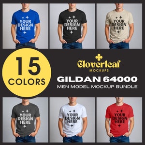 May include: A mockup bundle of 15 different color t-shirts featuring the text "YOUR DESIGN HERE" on a model. The t-shirts are Gildan 64000 and are part of the Cloverleaf Mockups collection.