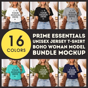 May include: A mockup featuring six different colored unisex jersey t-shirts. Each shirt has the text "YOUR DESIGN HERE" printed on the front. The image also includes a graphic that says "16 COLORS" and text that reads "PRIME ESSENTIALS UNISEX JERSEY T-SHIRT BOHO WOMAN MODEL BUNDLE MOCKUP."