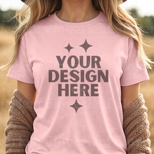 Bella Canvas Pink T-shirt Mockup 3001 Pink Tshirt Mock up Shirt BC3001 Women Model Mock-up Trendy Boho Aesthetic Pink Tee POD Mock