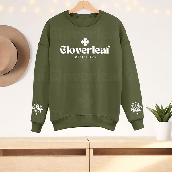 Military Green Gildan 18000 Hanging Mockup G180 Military Sweater Mock-up Simple Neutral Boho Pullover Mockups Green Sleeve Mock up