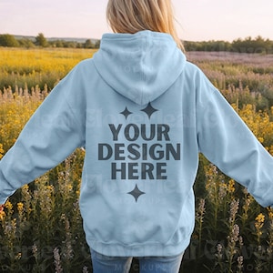 Gildan 18500 Light Blue Hoodie Back Mockup Gildan Hooded Sweatshirt Light Blue Oversized Mock-up G185 Aesthetic Outdoor Model Mocks