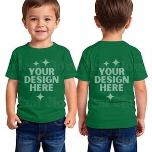 May include: Two kids wearing green t-shirts with the text "YOUR DESIGN HERE" on the front and back. The shirts are a bright green color and have a simple design.