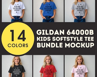 Gildan 64000B Bundle Mockup G64000B Kid's Shirt Bundle Mock-up Kids Softstyle Tee Mock up Display G 64000B Children Unisex Tshirt Mockup