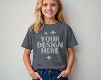 Charcoal Gildan 64000B Mockup G64000B Kid's Shirt Mock-up Kids Softstyle Tee Mock up Girl Model G 64000B Children Unisex Tshirt POD Mock