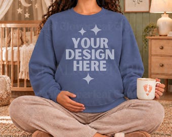 Denim Comfort Colors 1566 Pregnancy Themed Mockup Maternity Sweatshirt Mock-up CC1566 New Mom Mock CC 1566 Maternal POD Mock up