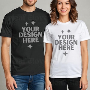 Bella Canvas Black and White T-Shirt Couple Mockup Men and Women Model Mocks BC 3001 Matching Shirt Mock-up Multiple Shirts POD Display Mock