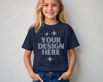 Navy Gildan 64000B Mockup G64000B Kid's Shirt Mock-up Kids Softstyle Tee Mock up Girl Model G 64000B Children Unisex Tshirt POD Mock