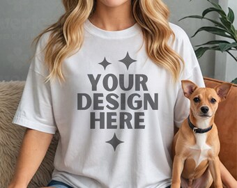 White Gildan 64000 Dog Mockup G64000 White Pet Owner T-Shirt Mock-up G 64000 Women Model Dog Themed Shirt Print on Demand Mock up