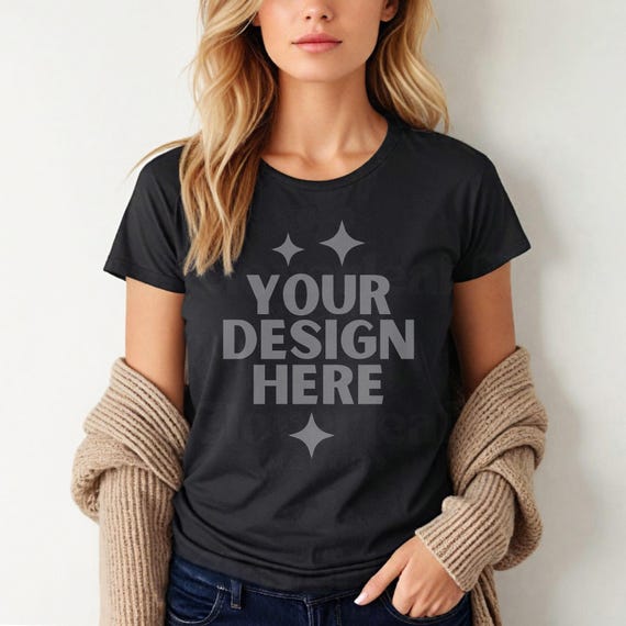 Gildan 64000L Black Mockup Womens Softstyle Tee Black Mock-up G 64000L Model Mock up Black 64000L POD Shirt Mockups