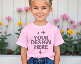 May include: A young person wearing a pink t-shirt with the text "YOUR DESIGN HERE" printed on it. The shirt has a crew neck and short sleeves. The person is wearing blue jeans and has their hair pulled back in two pigtails.
