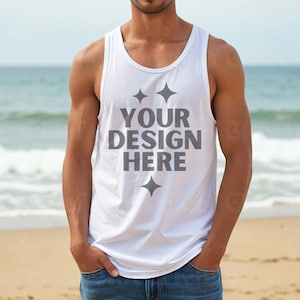 Gildan 5200 Weiß Tank Top Mockup G5200 Tanktop Männer Mockup G 5200 Schwere Baumwolle Tank Top Mockup Mock Man Tank Tee Strand Mock
