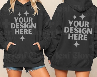 Gildan 18500 Black Hoodie Front and Back Mockup Hooded Sweatshirt Black Color Oversized Model POD Mock-up G185 Front & Back Mock up